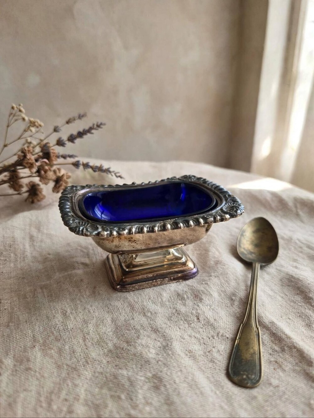 Vintage Silverplate & Cobalt Blue Glass Footed Salt Cellar Condiment Dish
